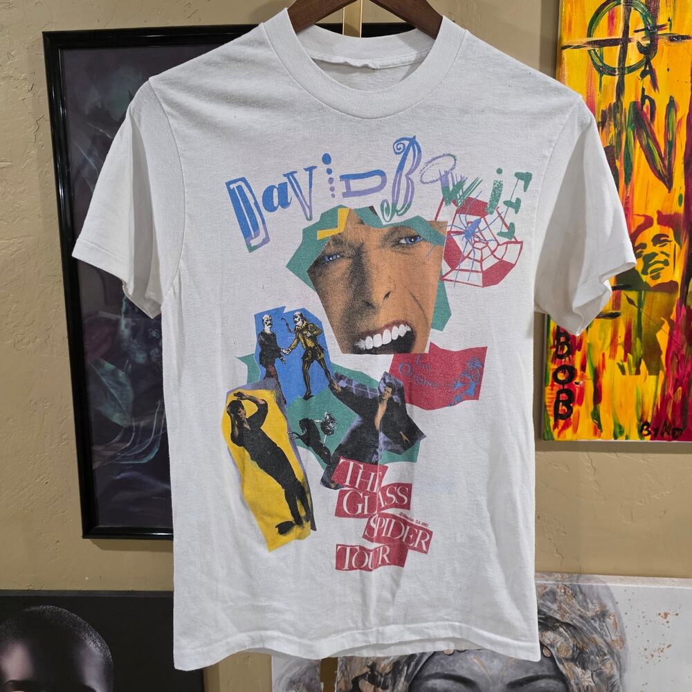 Rare Vintage 1987 David Bowie The Glass Spider Tour Ringer White Band Tee Small